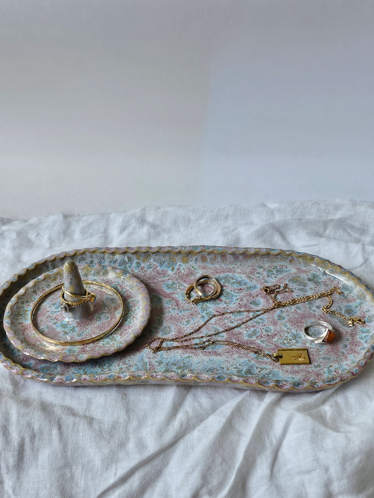 Pink & Jade Speckled Trinket Set